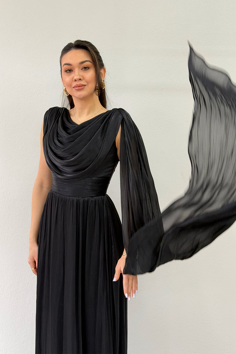 Black Drape Cloak Sleeve Evening Dress