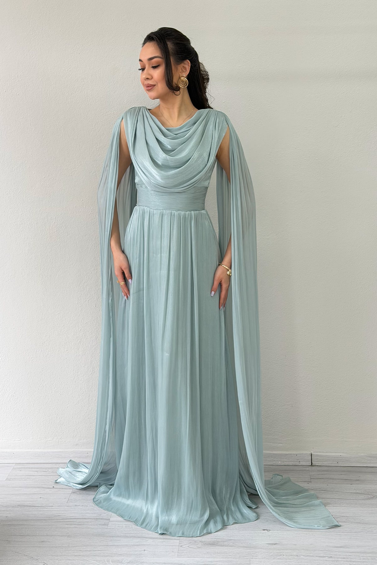 Aqua Green Drape Cloak Sleeve Evening Dress