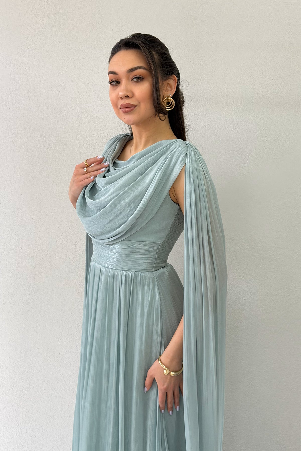Aqua Green Drape Cloak Sleeve Evening Dress
