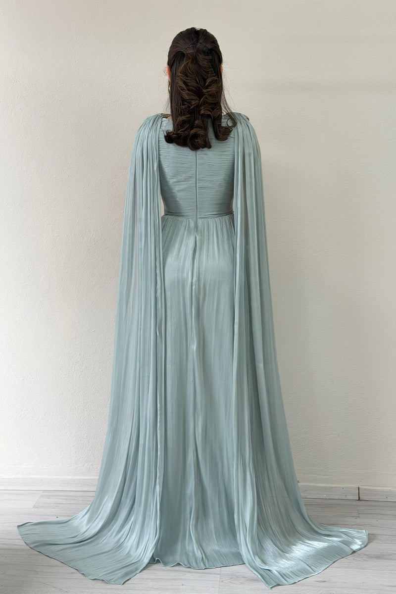 Aqua Green Drape Cloak Sleeve Evening Dress