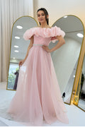 Powder Pink Ruffled Collar Stone Belt Detail Tulle Princess Evening Gown