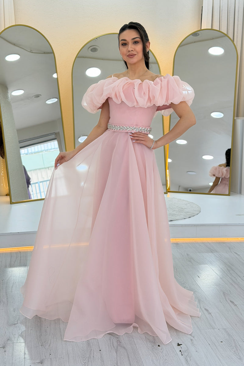 Powder Pink Ruffled Collar Stone Belt Detail Tulle Princess Evening Gown