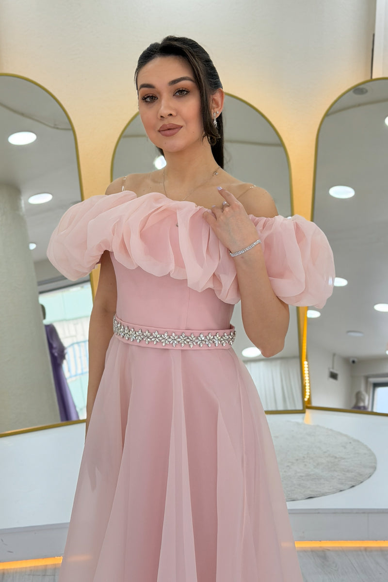 Powder Pink Ruffled Collar Stone Belt Detail Tulle Princess Evening Gown