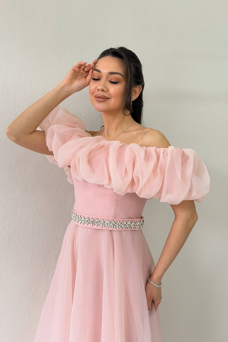 Powder Pink Ruffled Collar Stone Belt Detail Tulle Princess Evening Gown