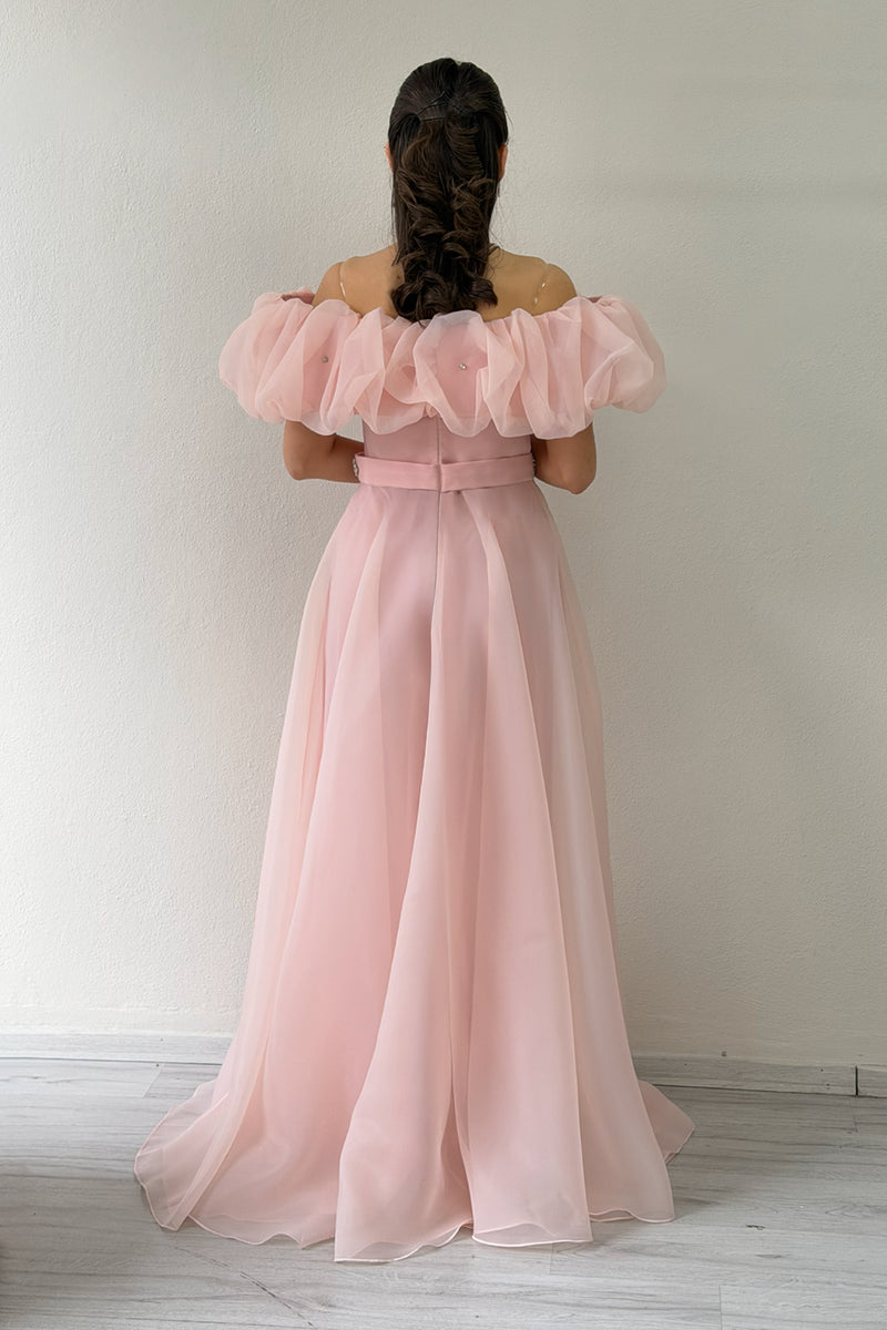 Powder Pink Ruffled Collar Stone Belt Detail Tulle Princess Evening Gown