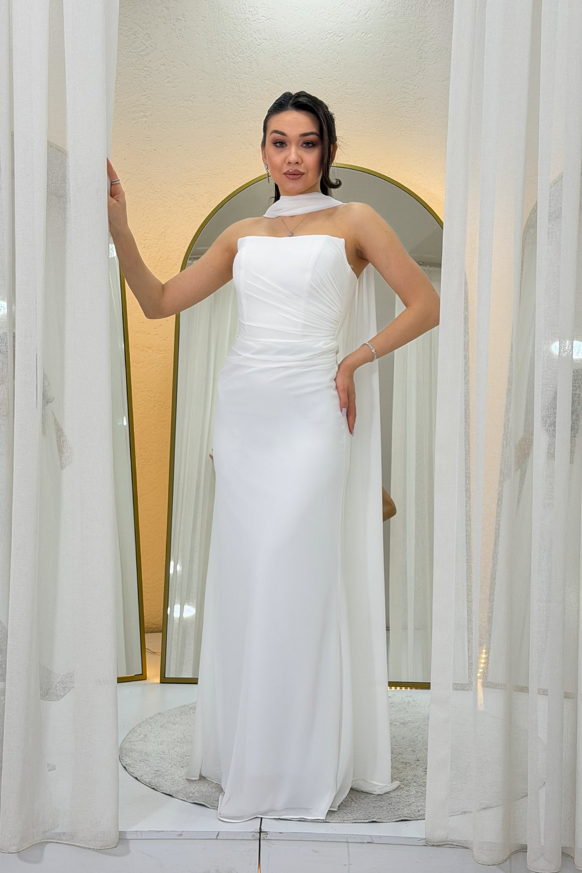 White Strapless Drape Shawl Wedding Dress