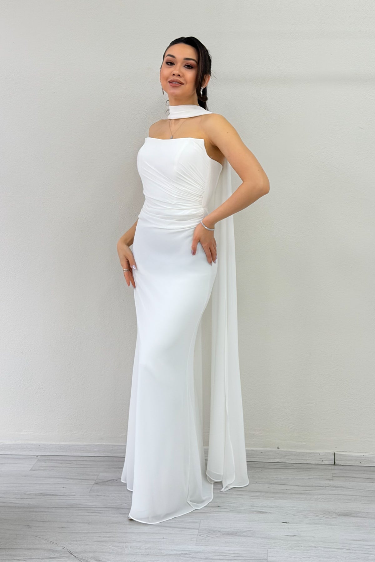 White Strapless Drape Shawl Wedding Dress