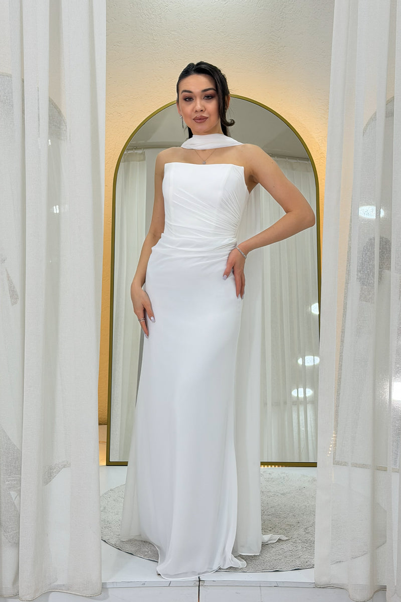 White Strapless Drape Shawl Wedding Dress