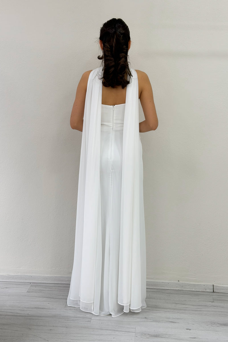 White Strapless Drape Shawl Wedding Dress