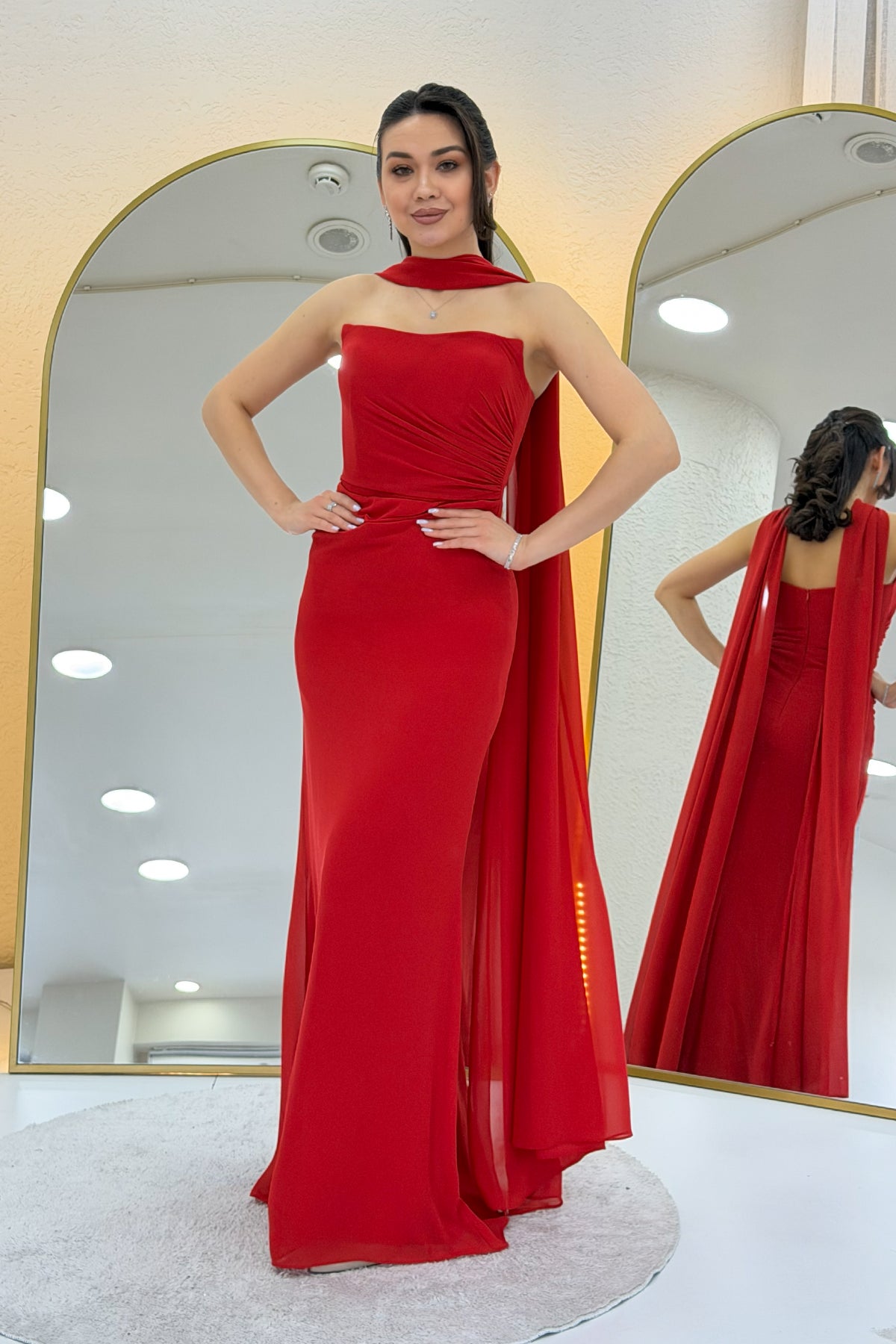 Red Strapless Drape Shawl Evening Dress
