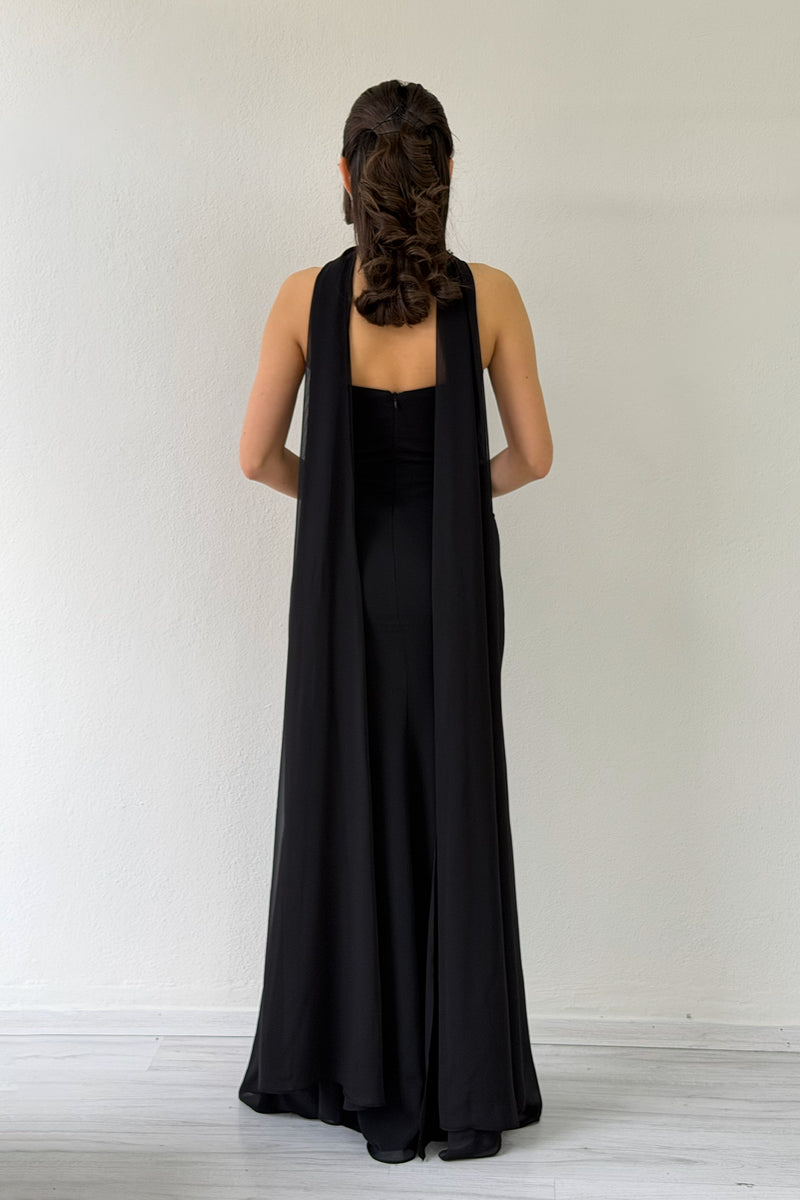Black Strapless Drape Shawl Evening Dress