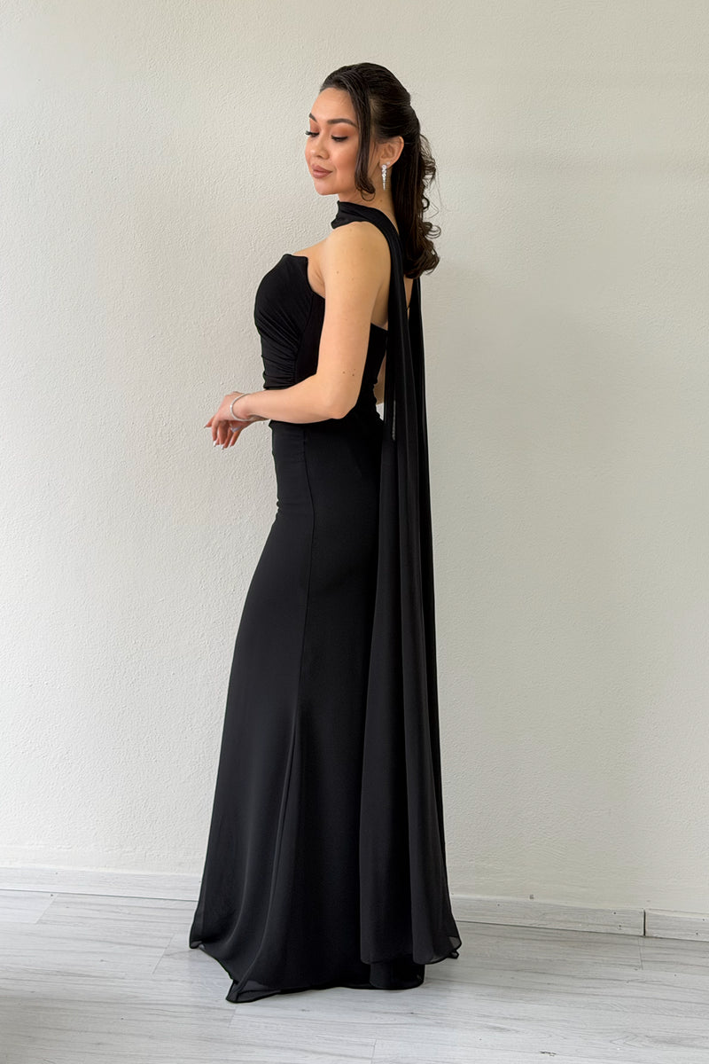 Black Strapless Drape Shawl Evening Dress
