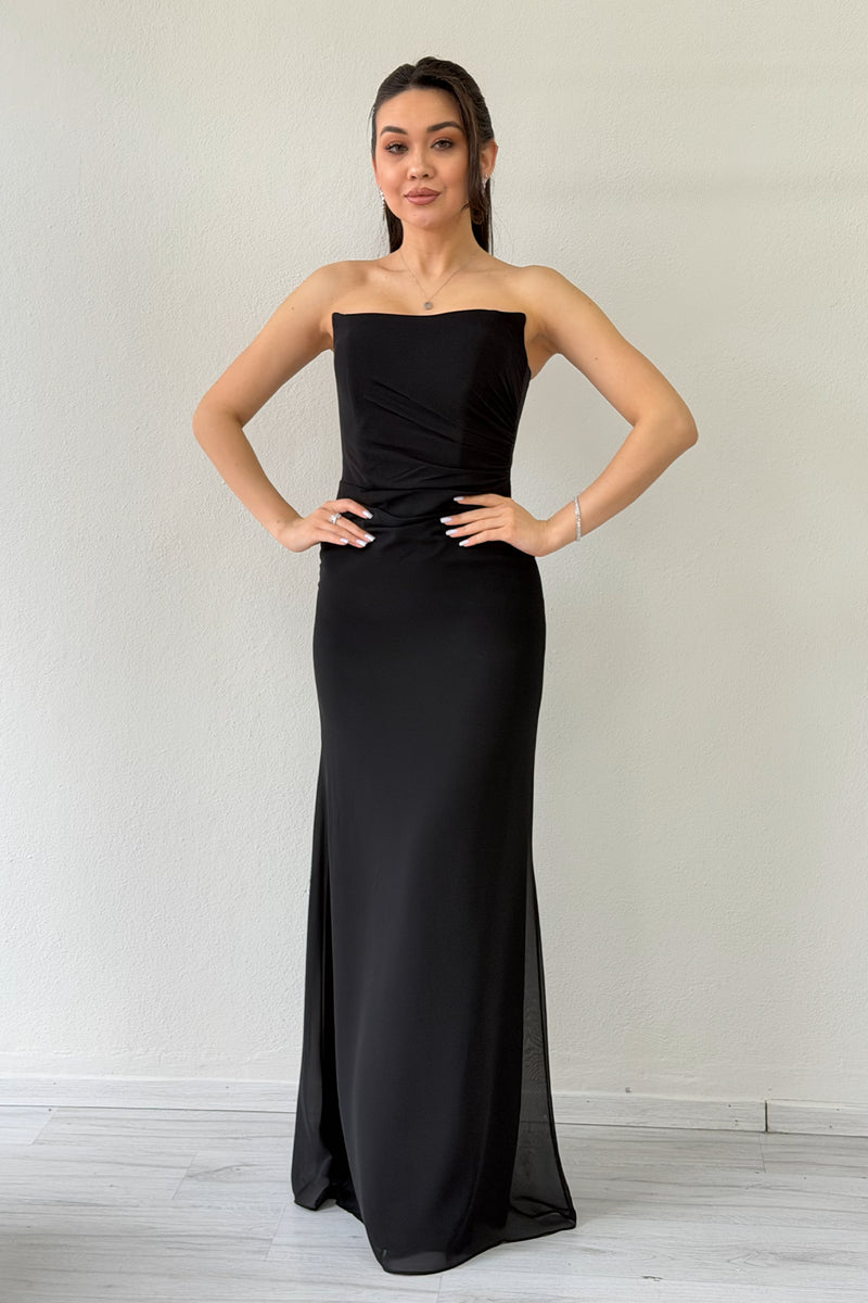 Black Strapless Drape Shawl Evening Dress