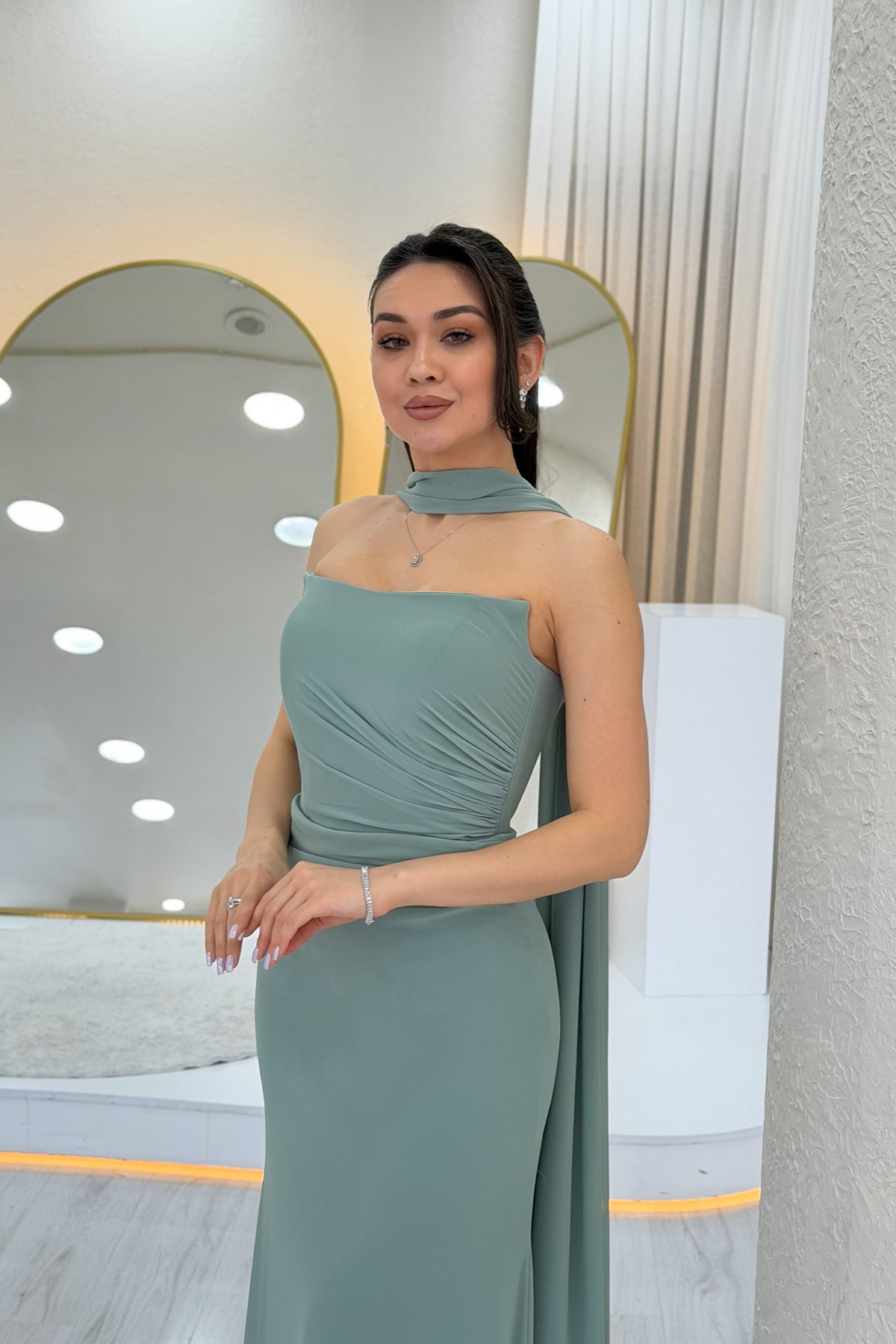 Aqua Green Strapless Drape Shawl Evening Dress