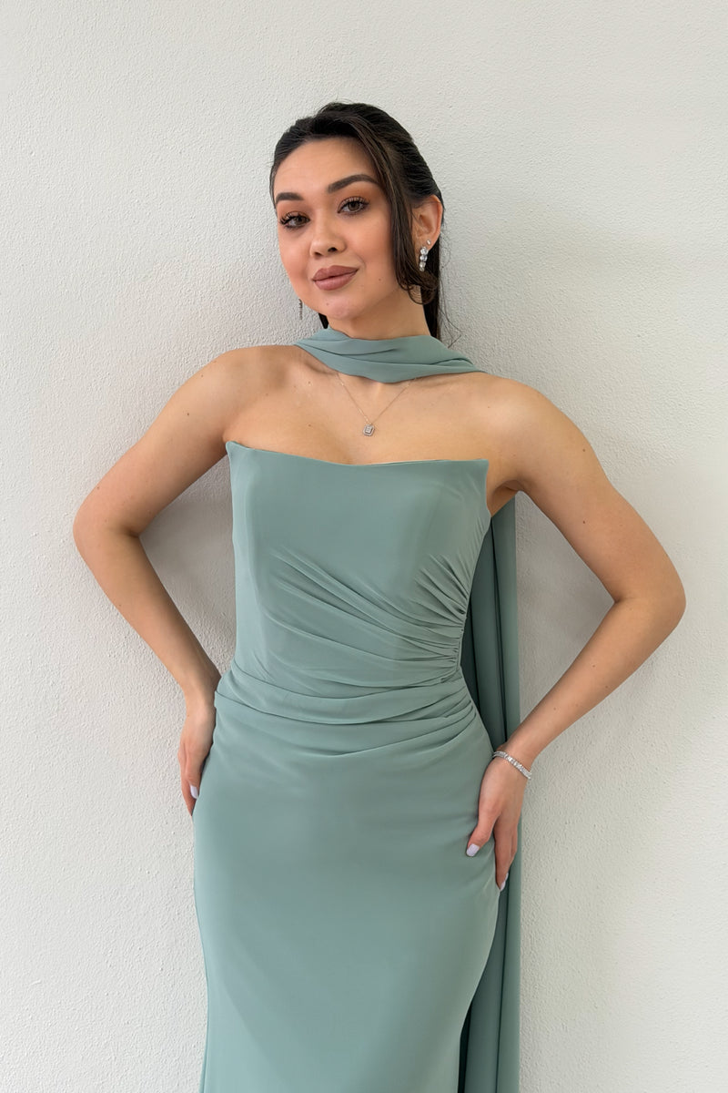 Aqua Green Strapless Drape Shawl Evening Dress