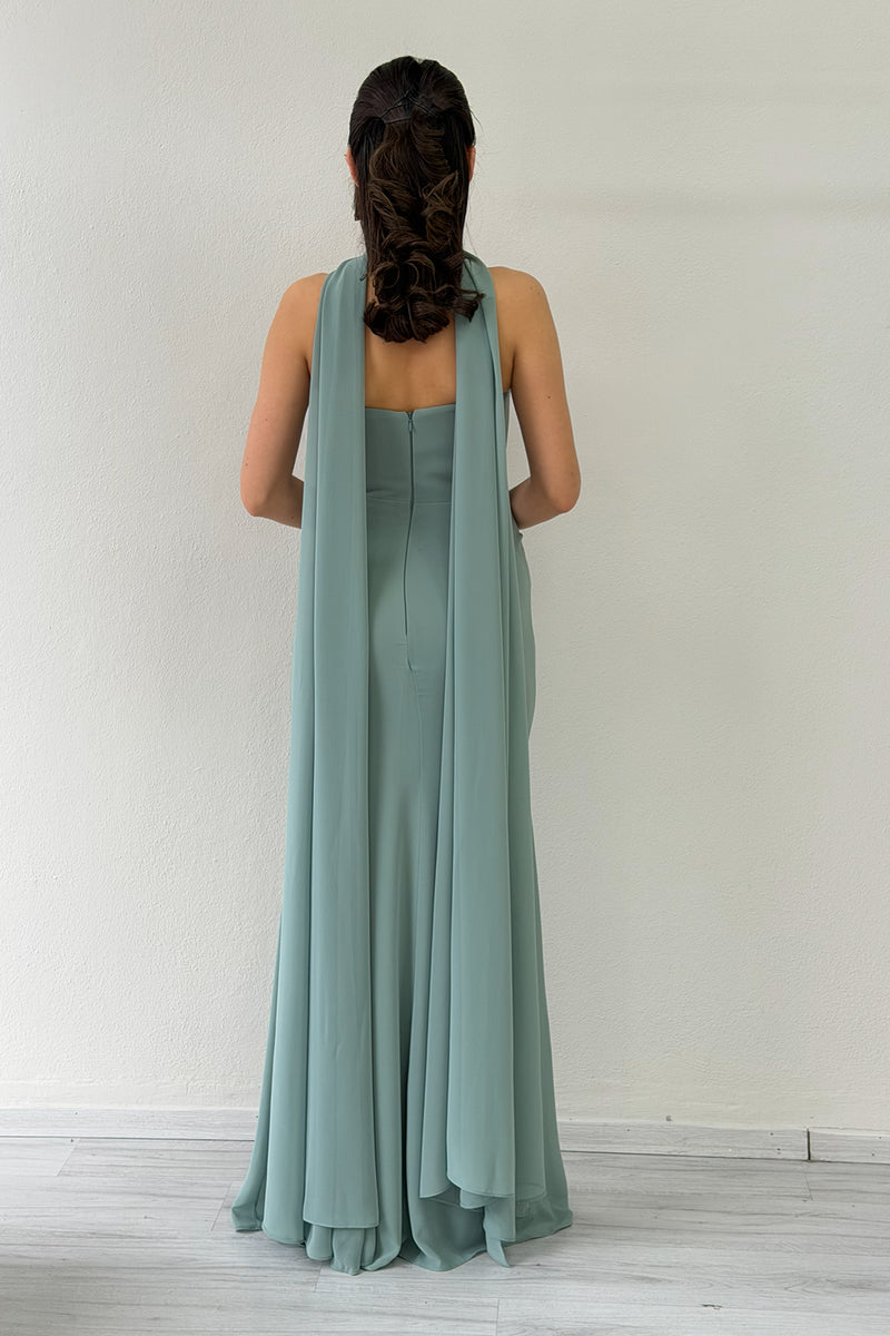 Aqua Green Strapless Drape Shawl Evening Dress