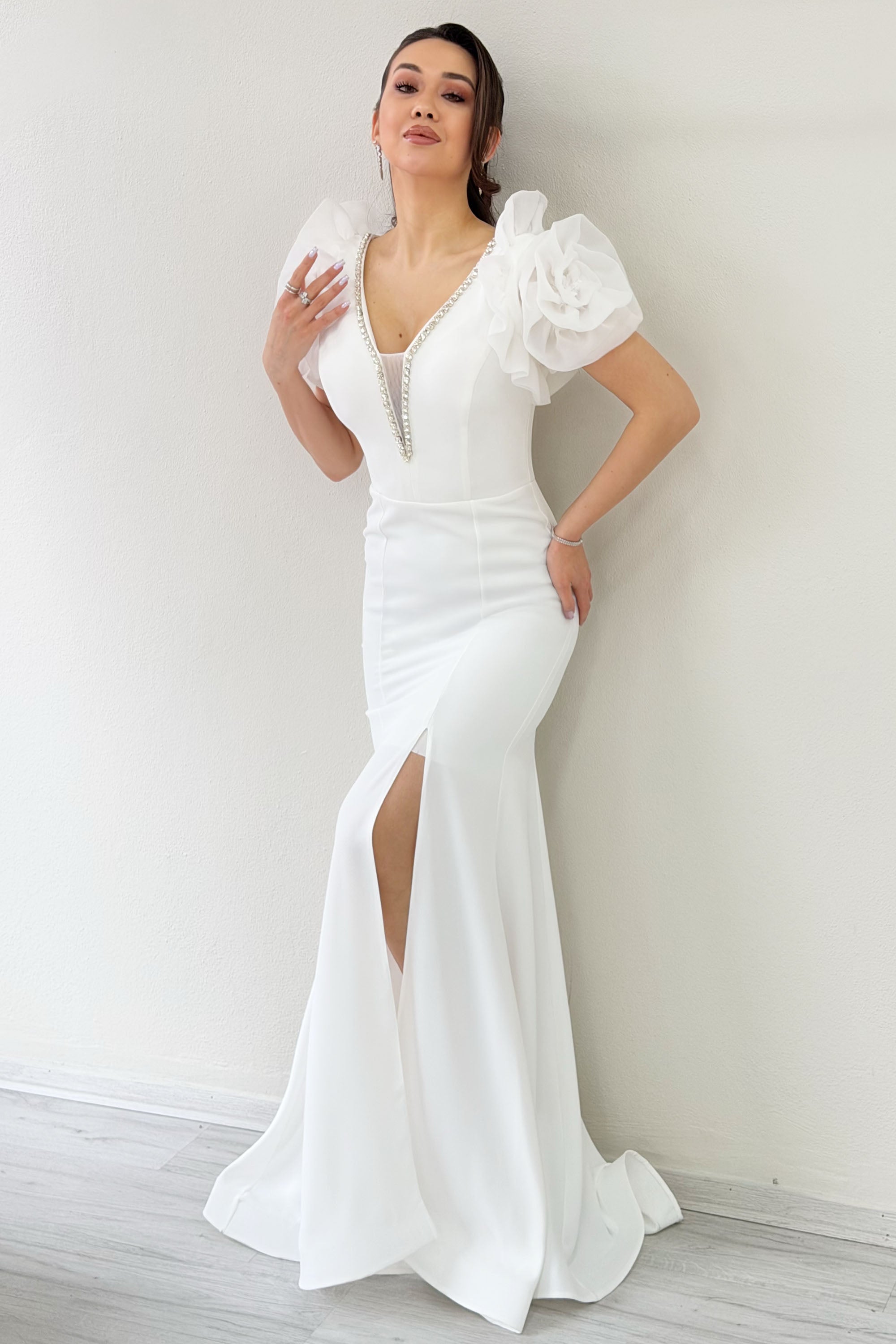 White Shoulder Rose Detail V-Neck Stone Embroidered Slit Wedding Dress