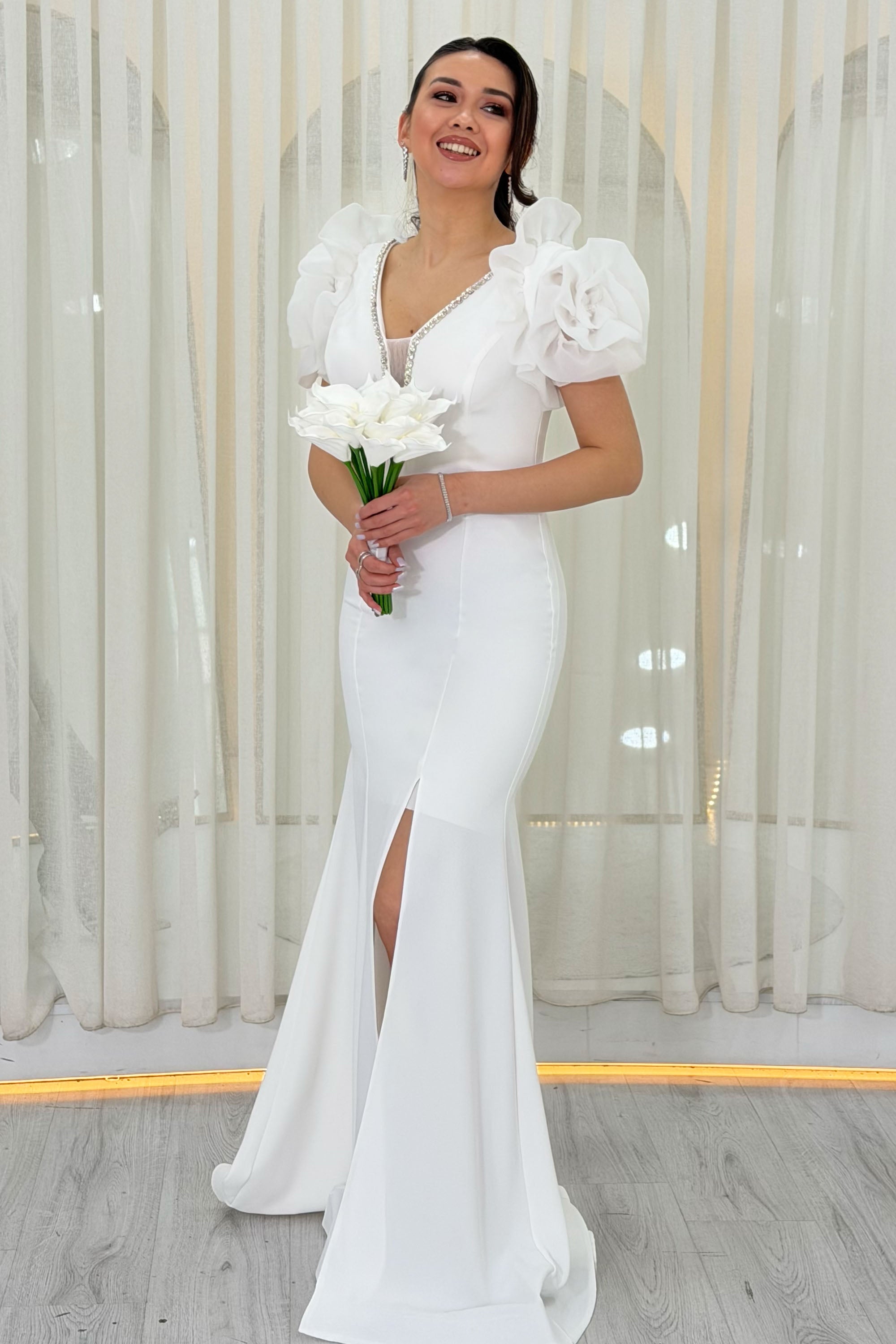 White Shoulder Rose Detail V-Neck Stone Embroidered Slit Wedding Dress