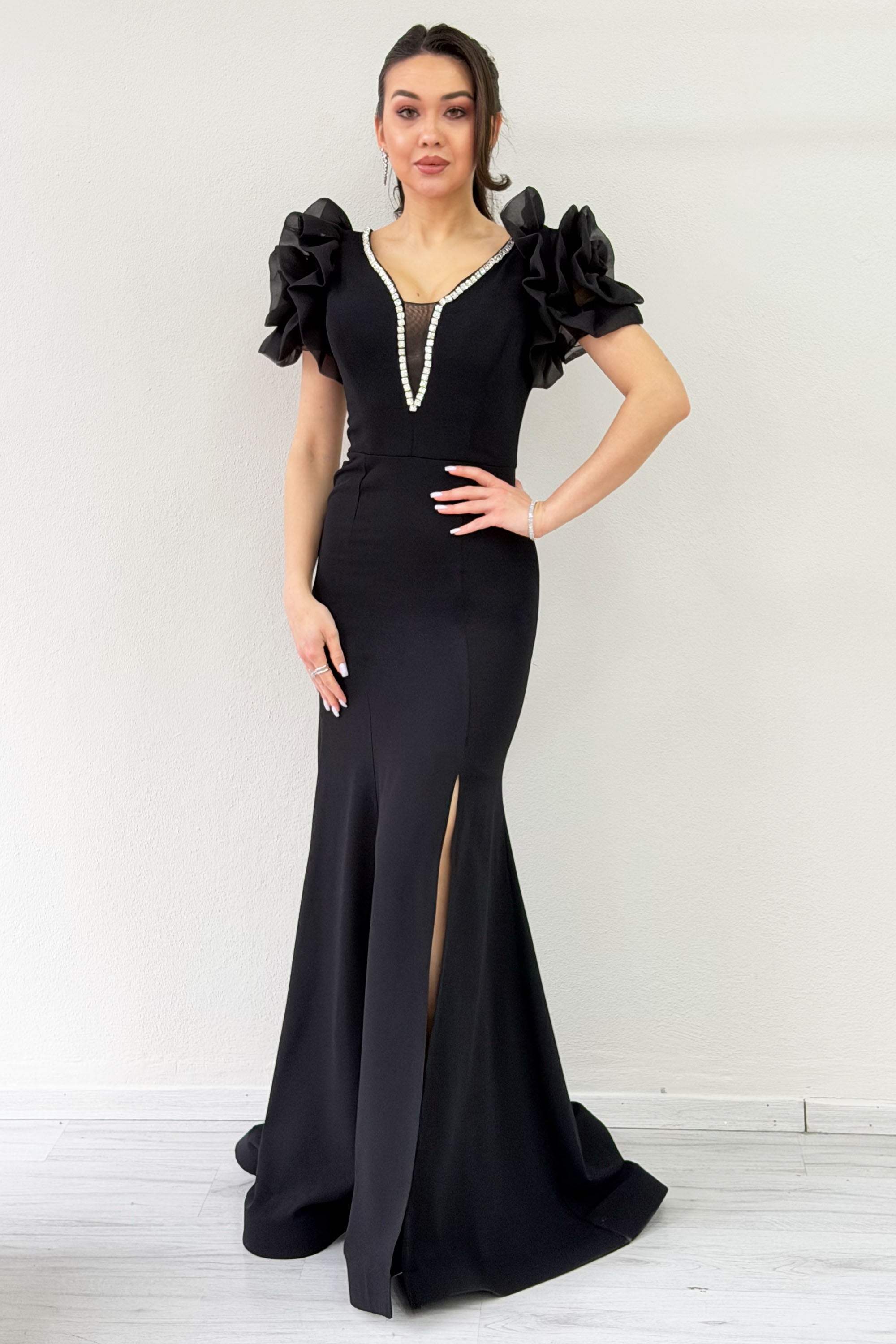 Black Off-Shoulder Rose Detail V-Neck Stone Embroidered Slit Evening Dress