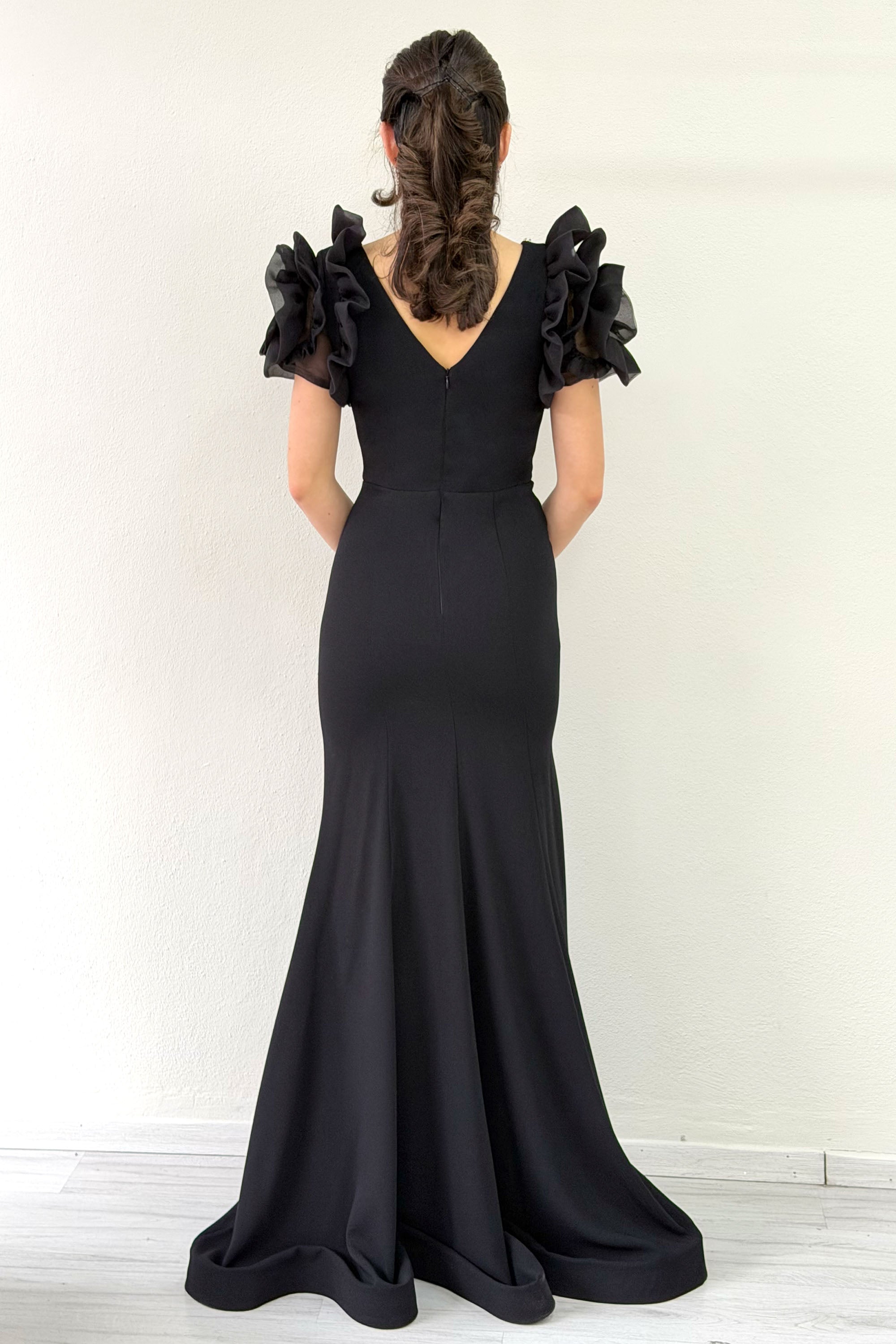 Black Off-Shoulder Rose Detail V-Neck Stone Embroidered Slit Evening Dress