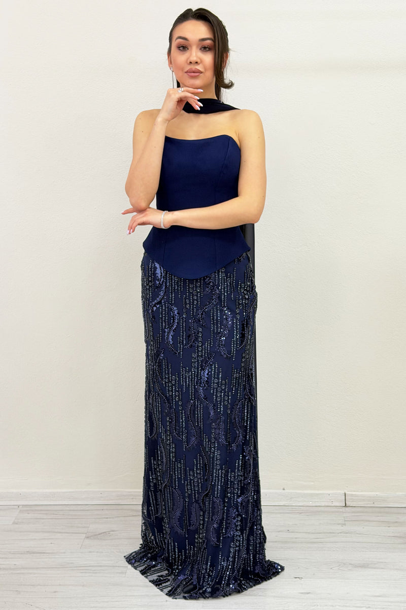 Navy Strapless Shawl-Detailed Embroidered Long Evening Gown