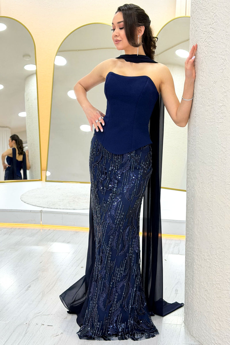 Navy Strapless Shawl-Detailed Embroidered Long Evening Gown
