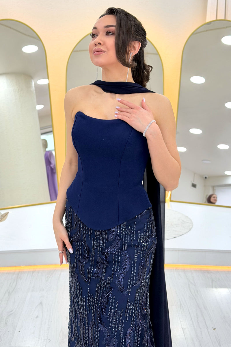 Navy Strapless Shawl-Detailed Embroidered Long Evening Gown