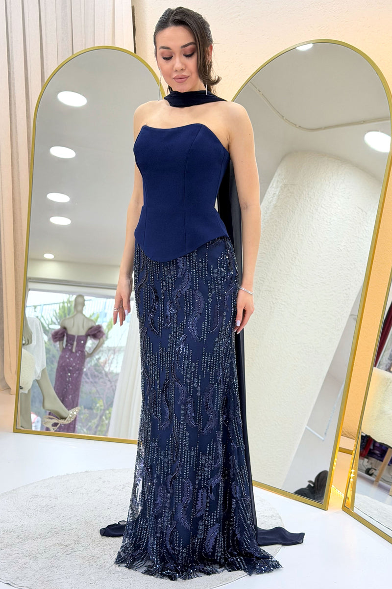 Navy Strapless Shawl-Detailed Embroidered Long Evening Gown