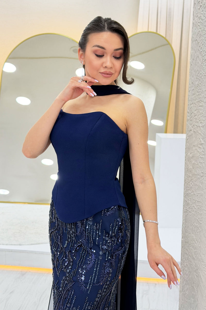 Navy Strapless Shawl-Detailed Embroidered Long Evening Gown