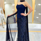 Navy Strapless Shawl-Detailed Embroidered Long Evening Gown