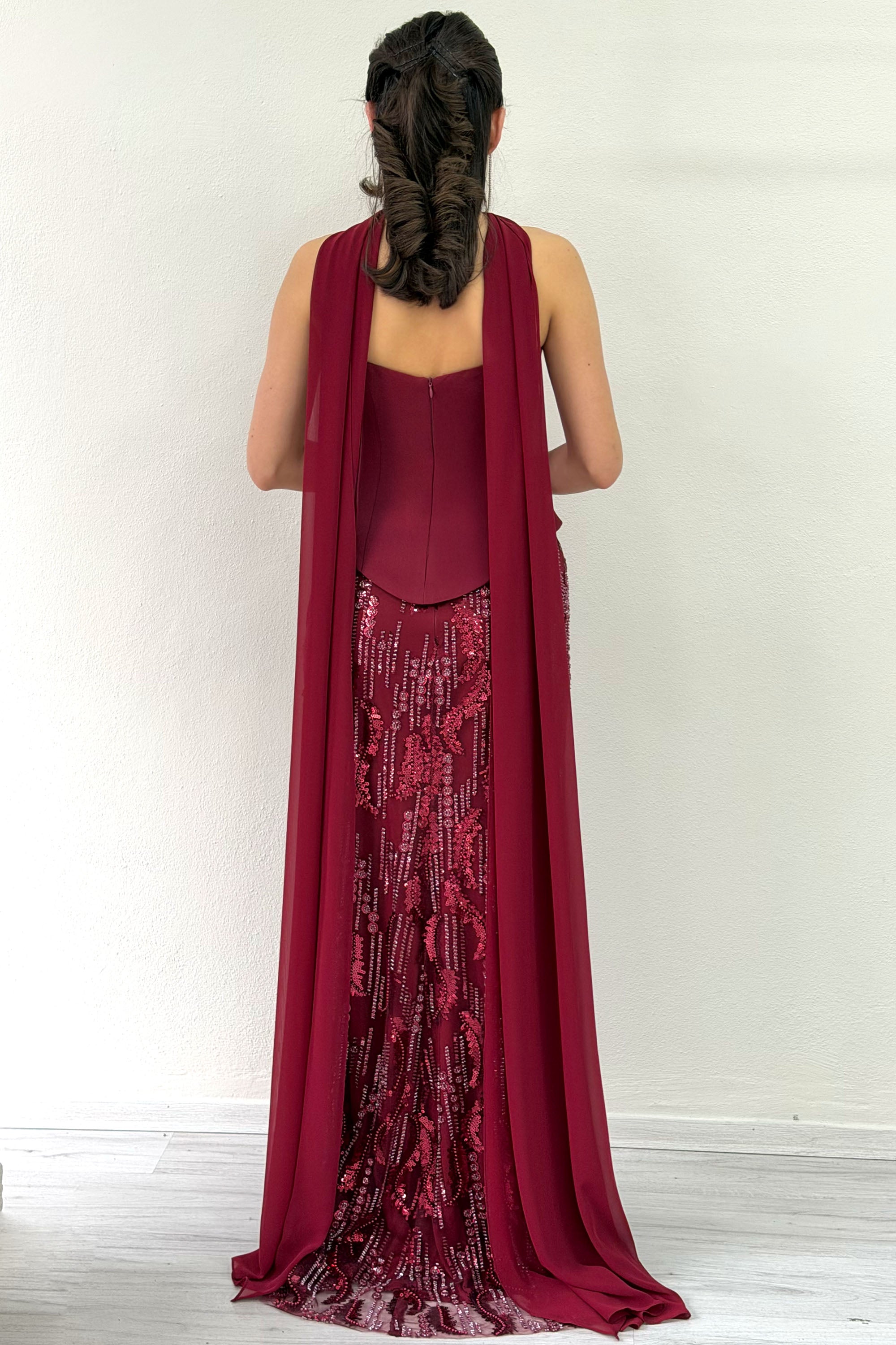 Burgundy Strapless Shawl-Detailed Embroidered Long Evening Gown