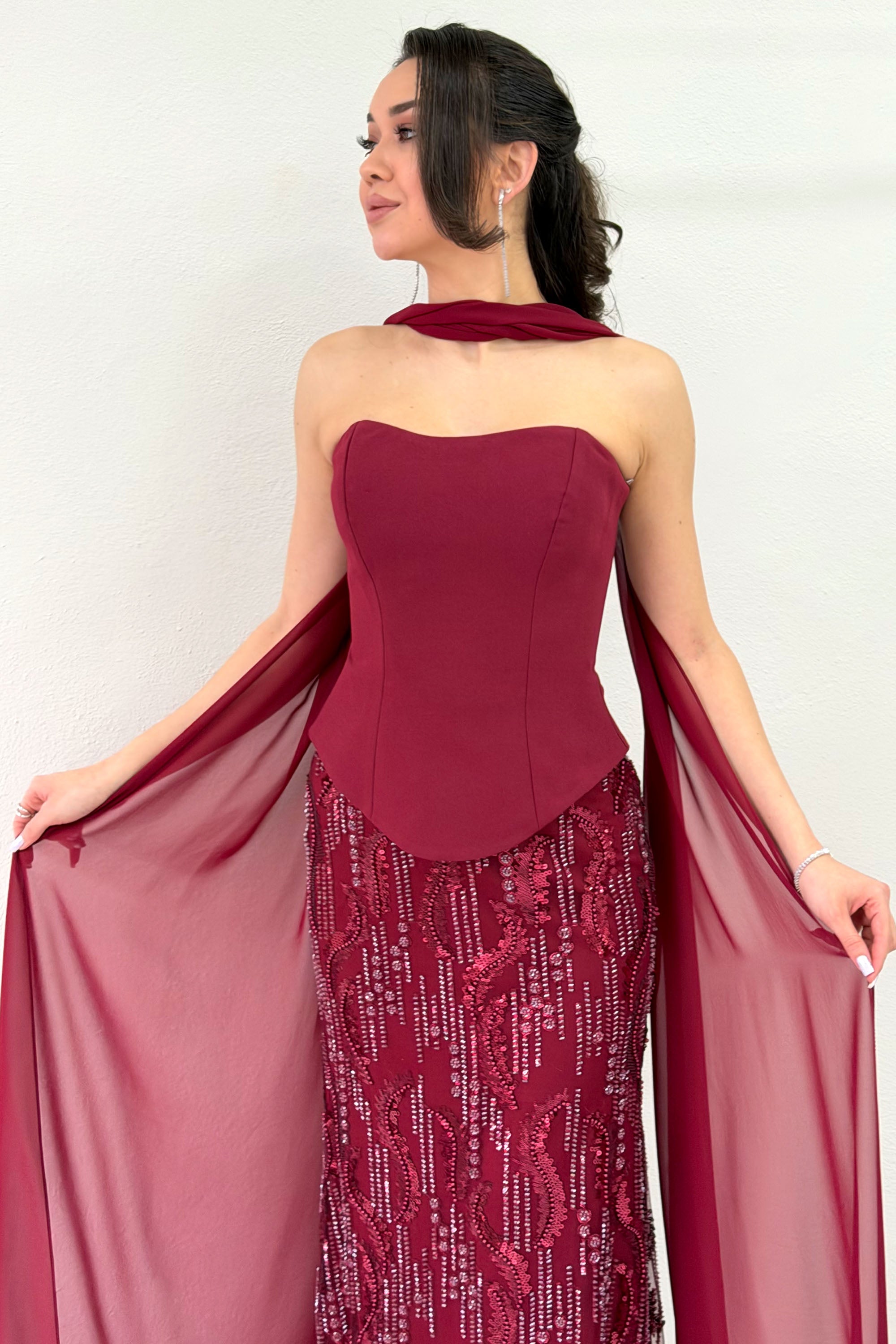 Burgundy Strapless Shawl-Detailed Embroidered Long Evening Gown