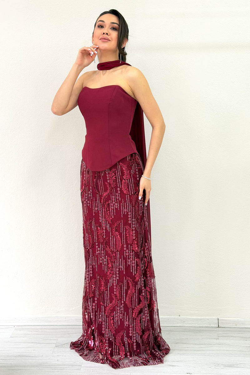 Burgundy Strapless Shawl-Detailed Embroidered Long Evening Gown