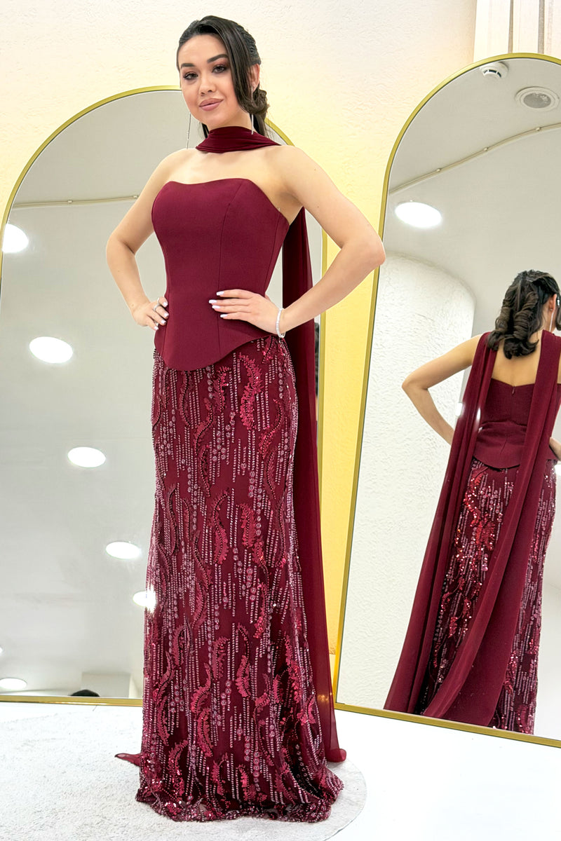Burgundy Strapless Shawl-Detailed Embroidered Long Evening Gown