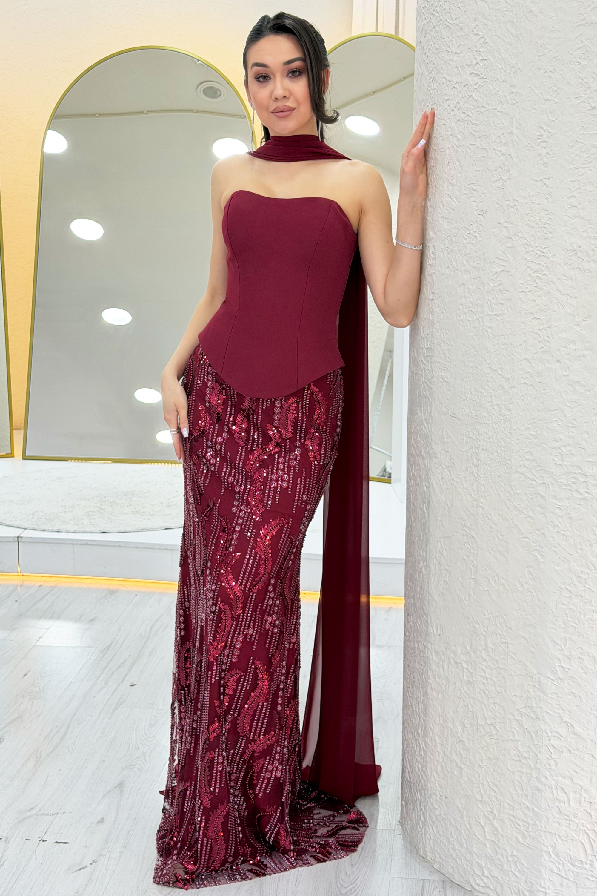 Burgundy Strapless Shawl-Detailed Embroidered Long Evening Gown