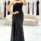 Black Strapless Shawl-Detailed Embroidered Long Evening Gown