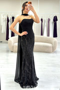 Black Strapless Shawl-Detailed Embroidered Long Evening Gown