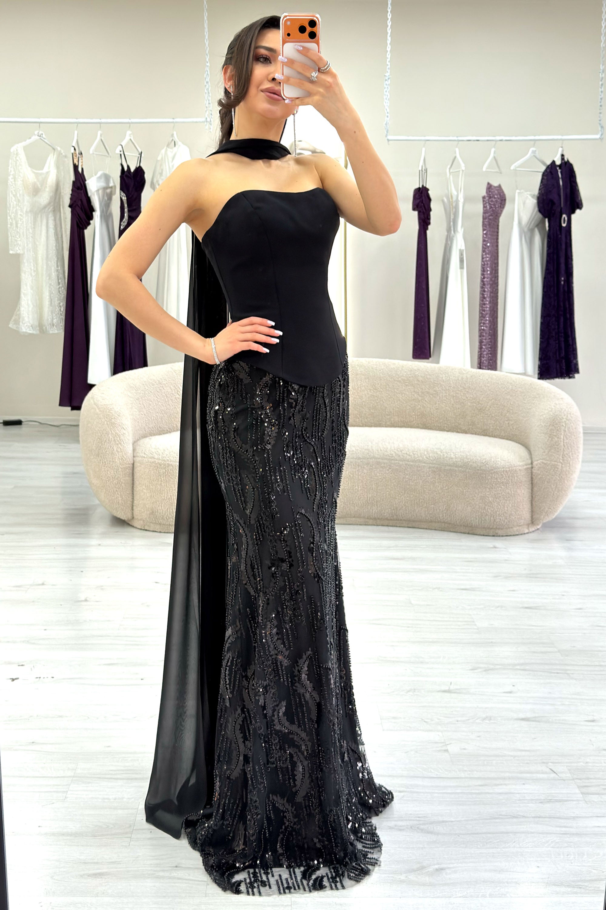 Black Strapless Shawl-Detailed Embroidered Long Evening Gown
