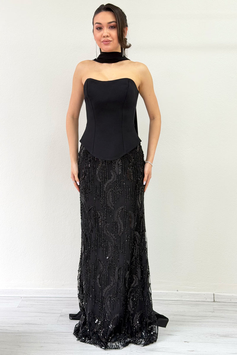 Black Strapless Shawl-Detailed Embroidered Long Evening Gown