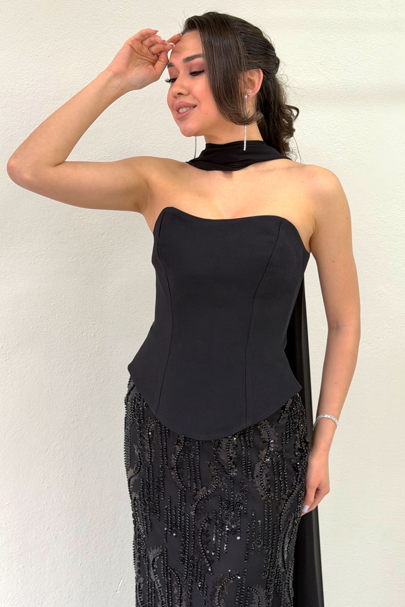 Black Strapless Shawl-Detailed Embroidered Long Evening Gown