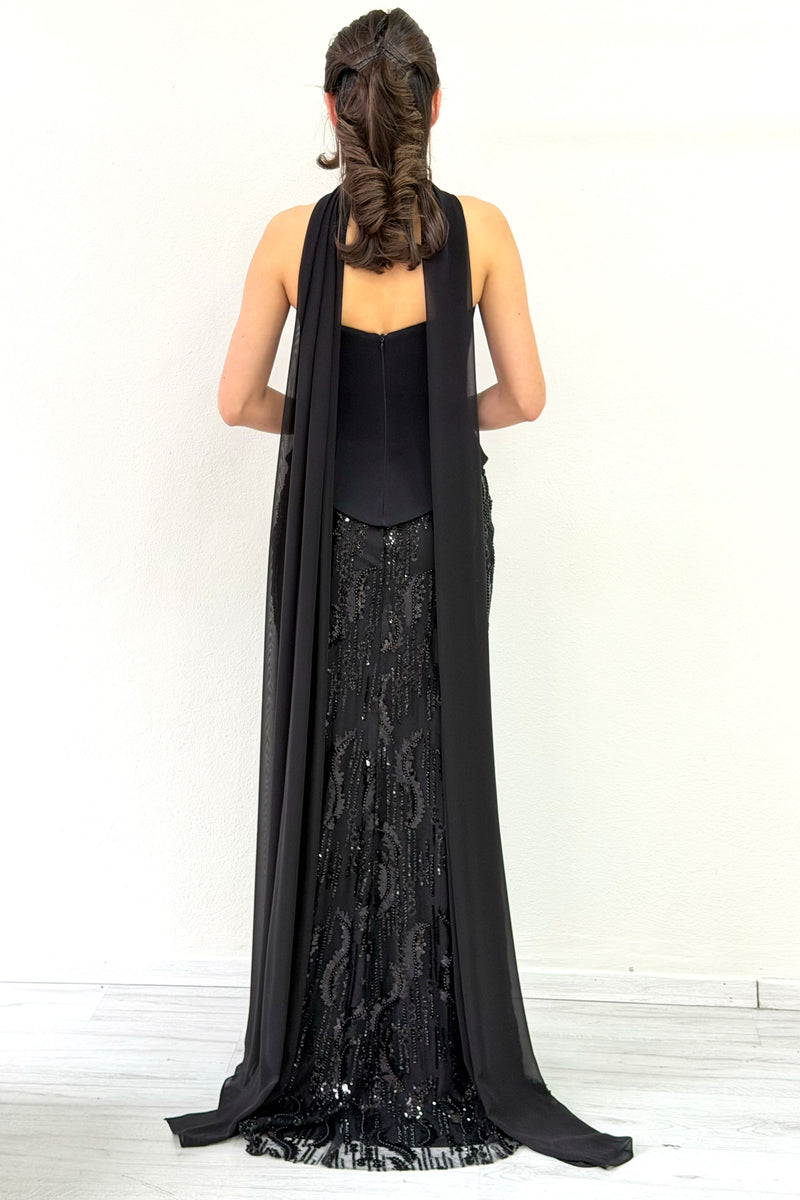 Black Strapless Shawl-Detailed Embroidered Long Evening Gown