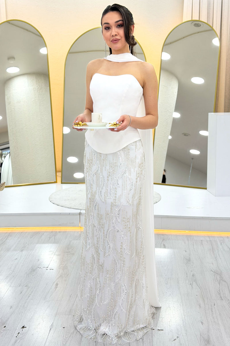 White Strapless Shawl-Detailed Embroidered Long Wedding Dress