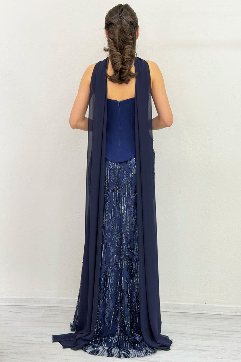 Navy Strapless Shawl-Detailed Embroidered Long Evening Gown