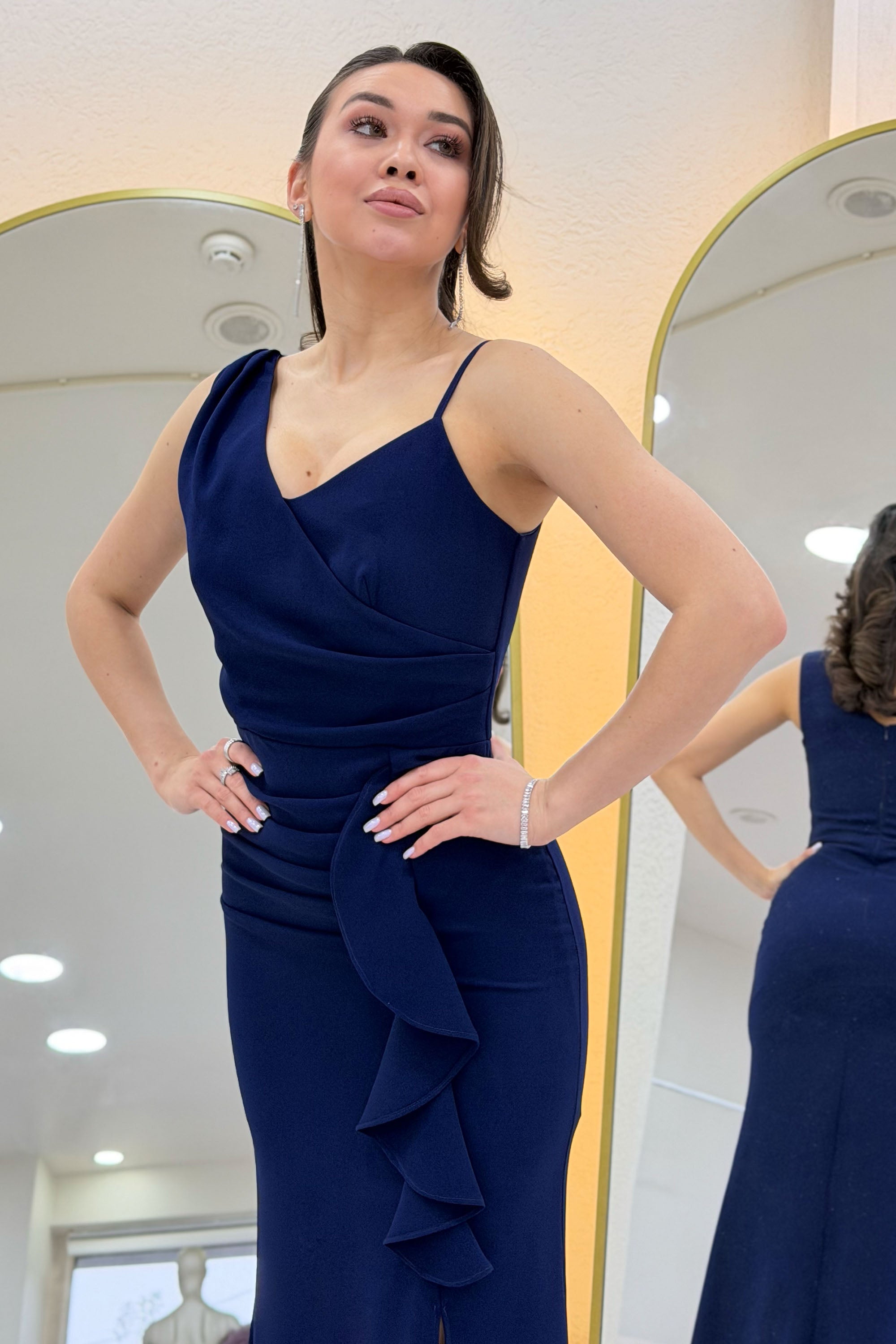 Navy Blue Asymmetrical Collar Front Ruffled Slit Evening Dress