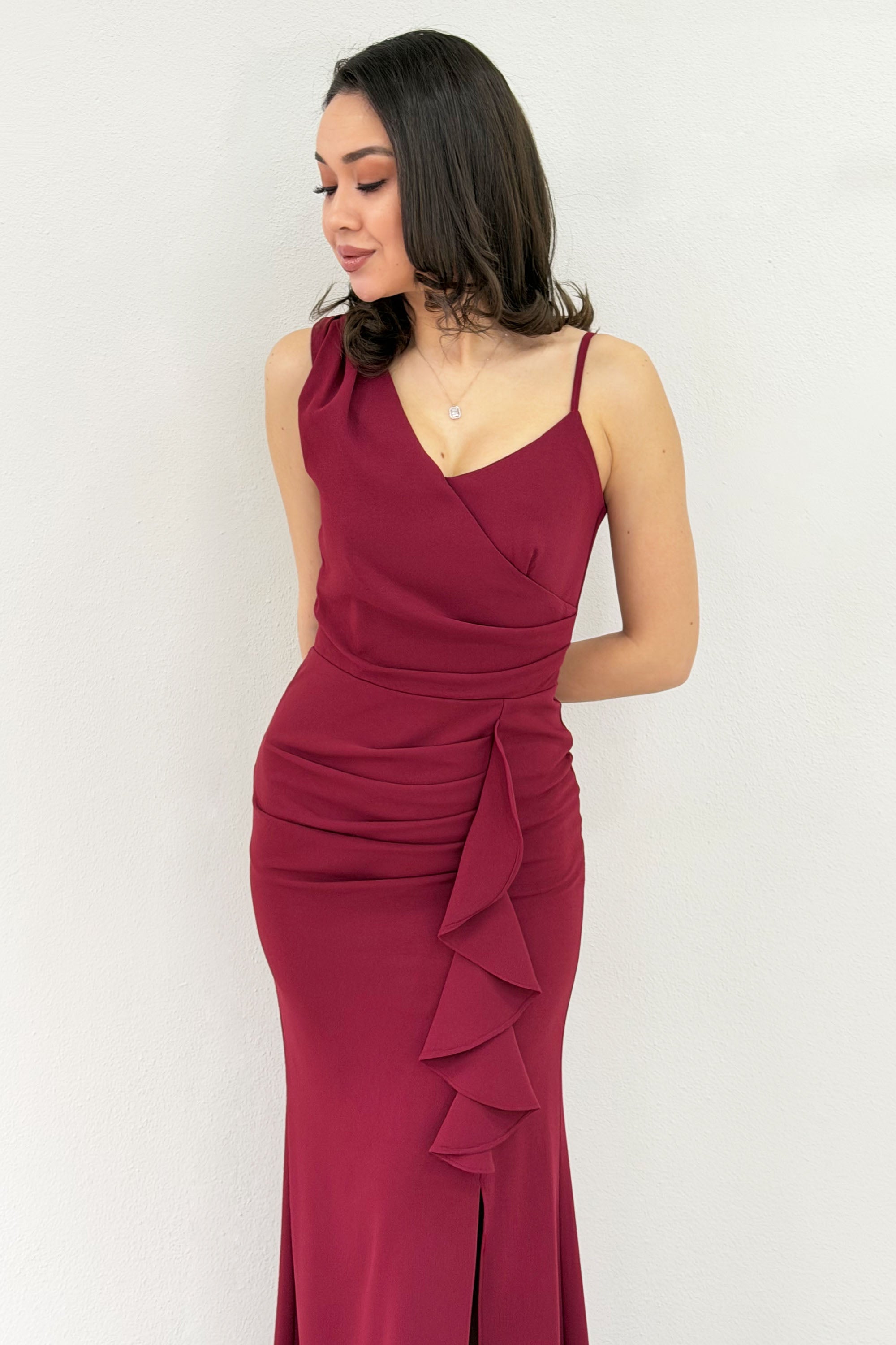 Burgundy Asymmetrical Collar Slit Evening Dress with Front Ruffles