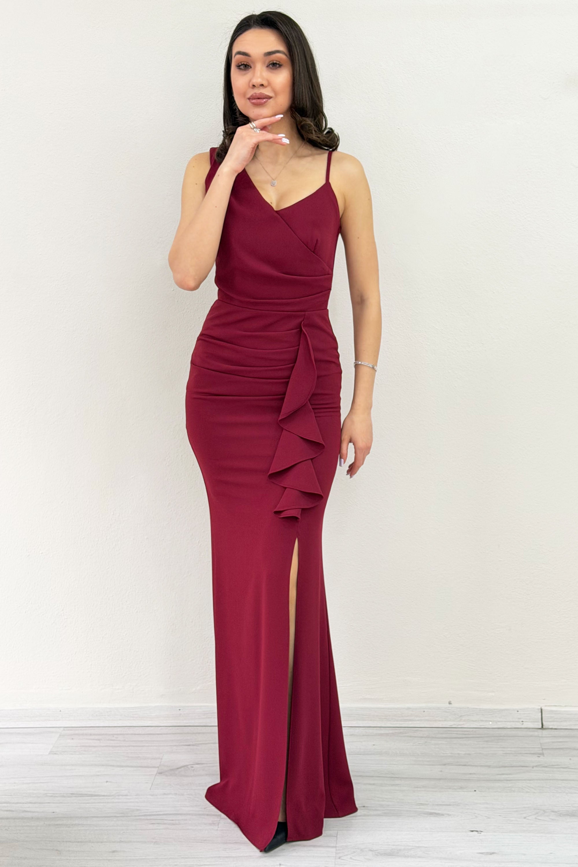 Burgundy Asymmetrical Collar Slit Evening Dress with Front Ruffles