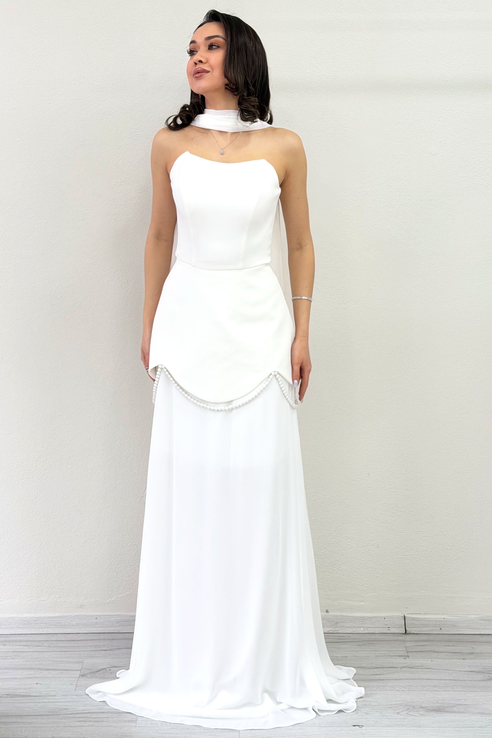 White Shawl Detailed Corset Skirt Chiffon Design Wedding Dress