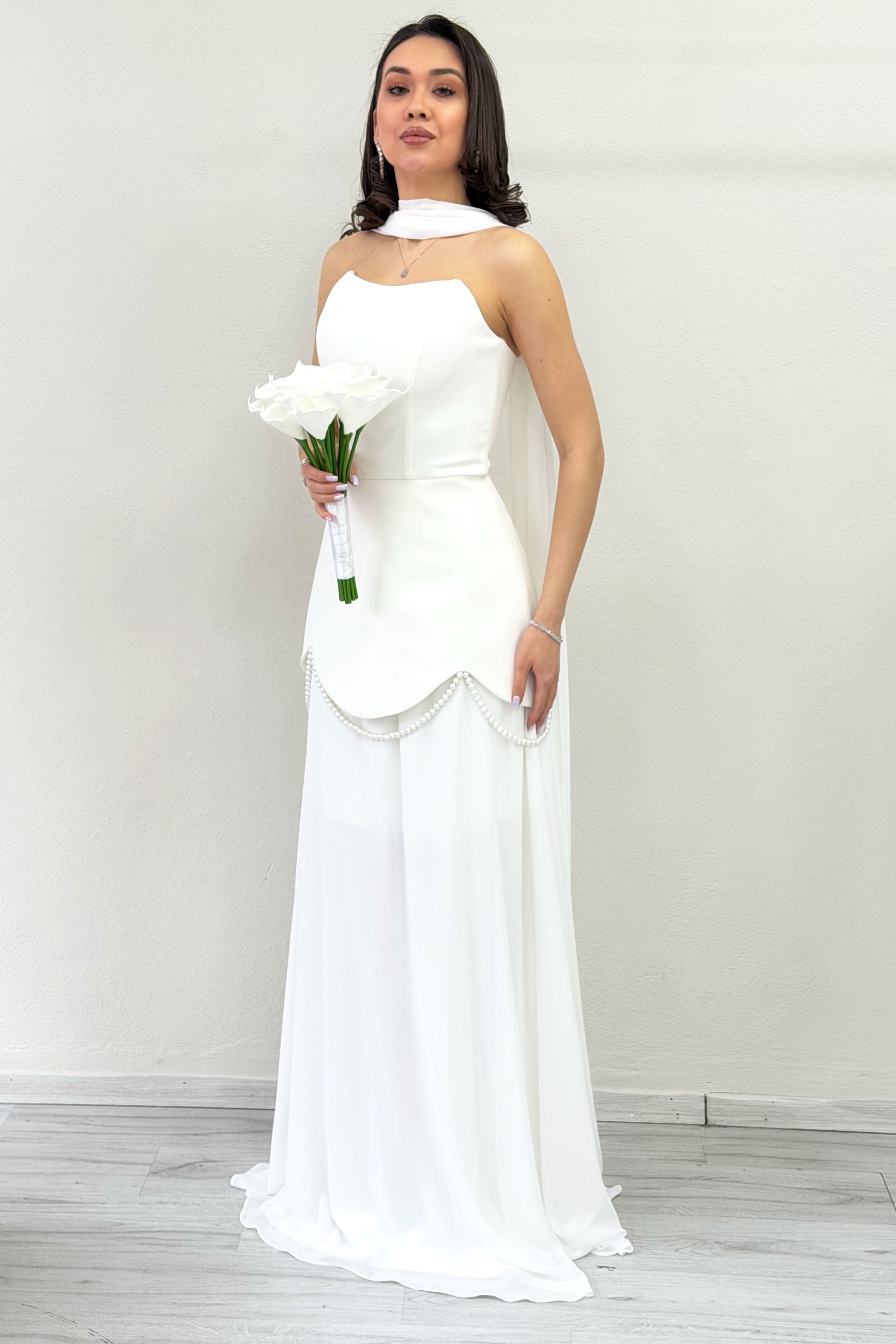 White Shawl Detailed Corset Skirt Chiffon Design Wedding Dress