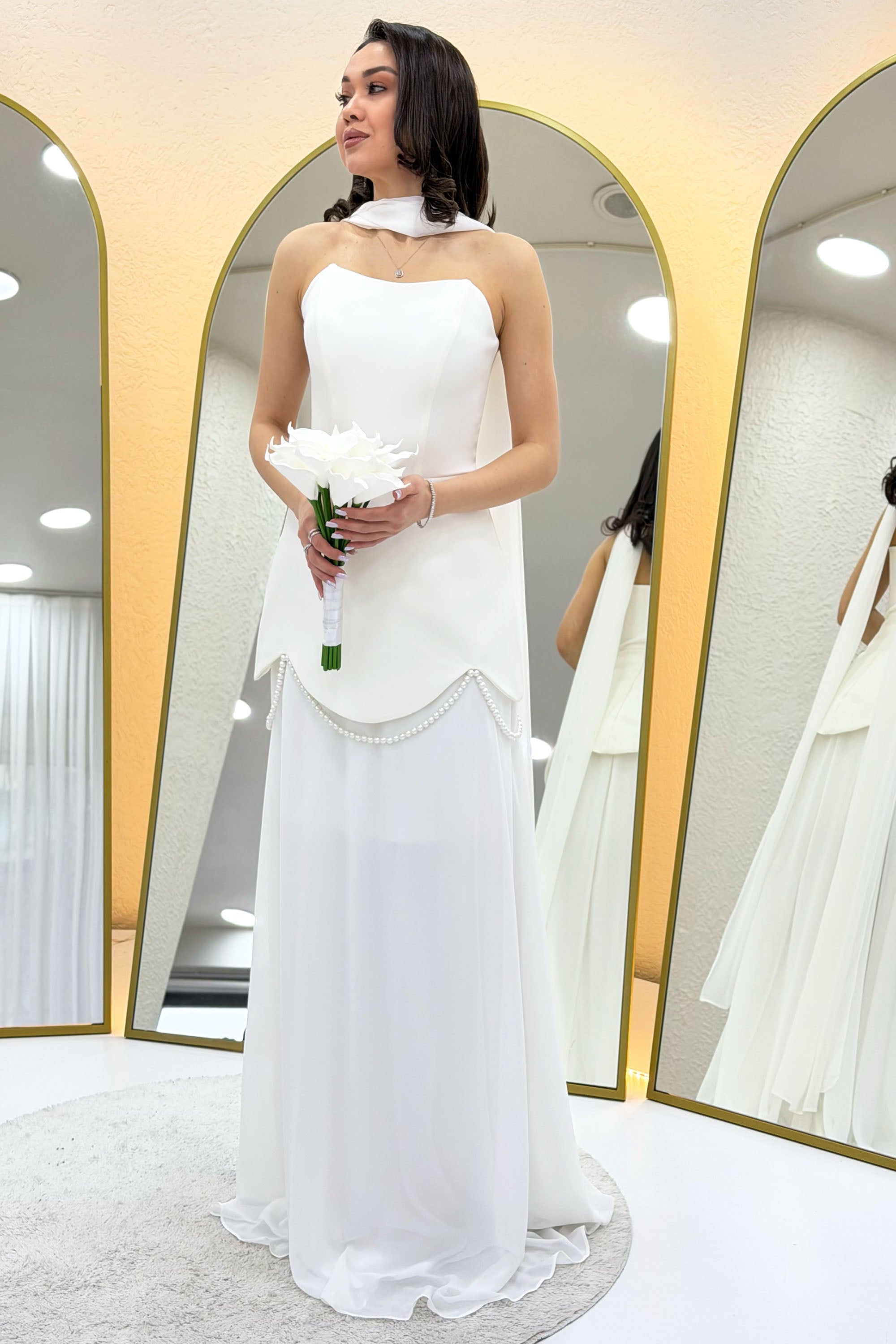 White Shawl Detailed Corset Skirt Chiffon Design Wedding Dress