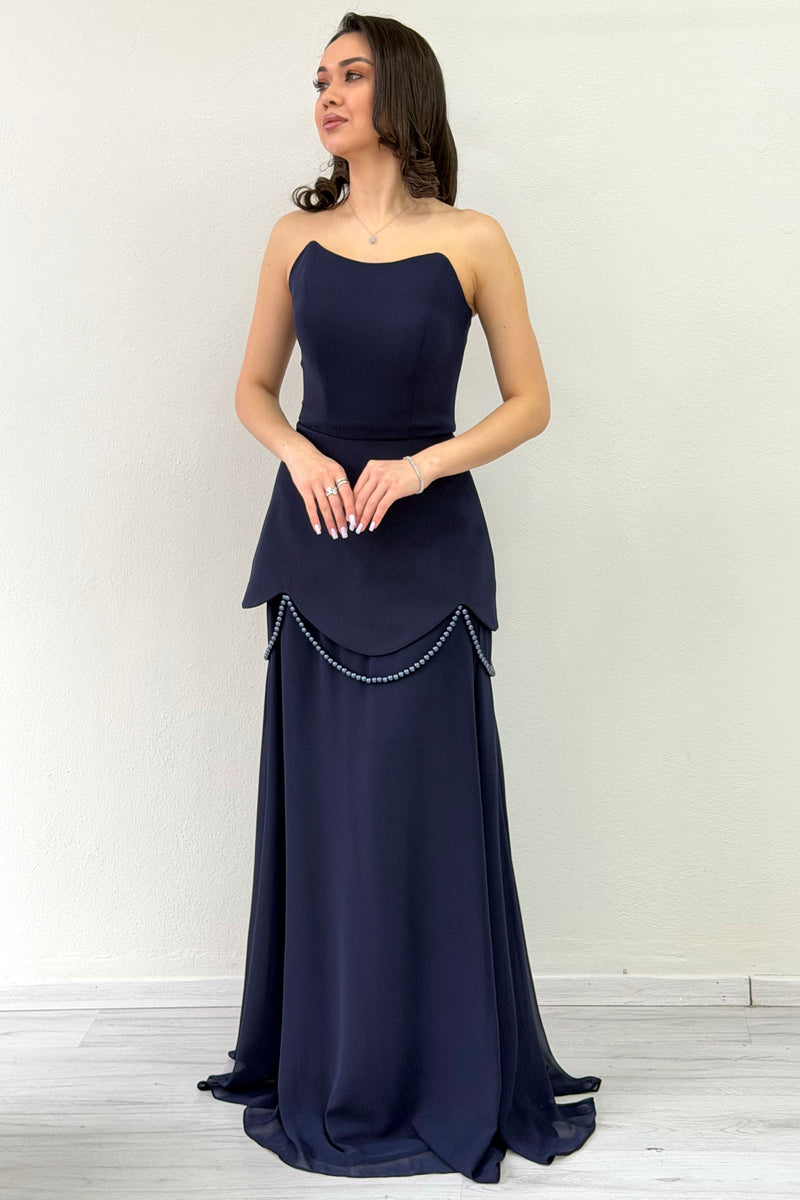 Navy Blue Shawl-Detailed Corset Skirt Chiffon Design Evening Dress